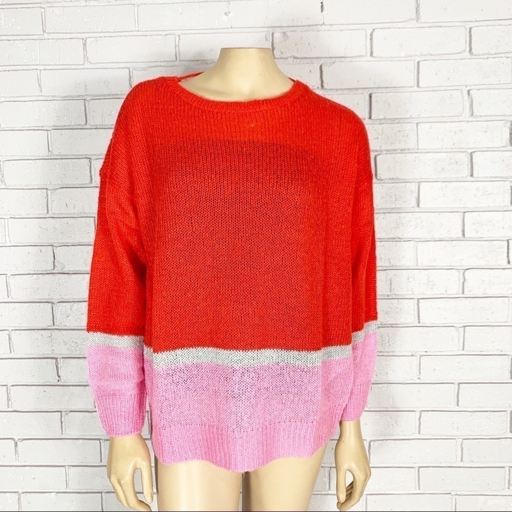 Jacqueline de Yong Womens Red Pink Colorblock Metallic Stripe Knit Sweater Large